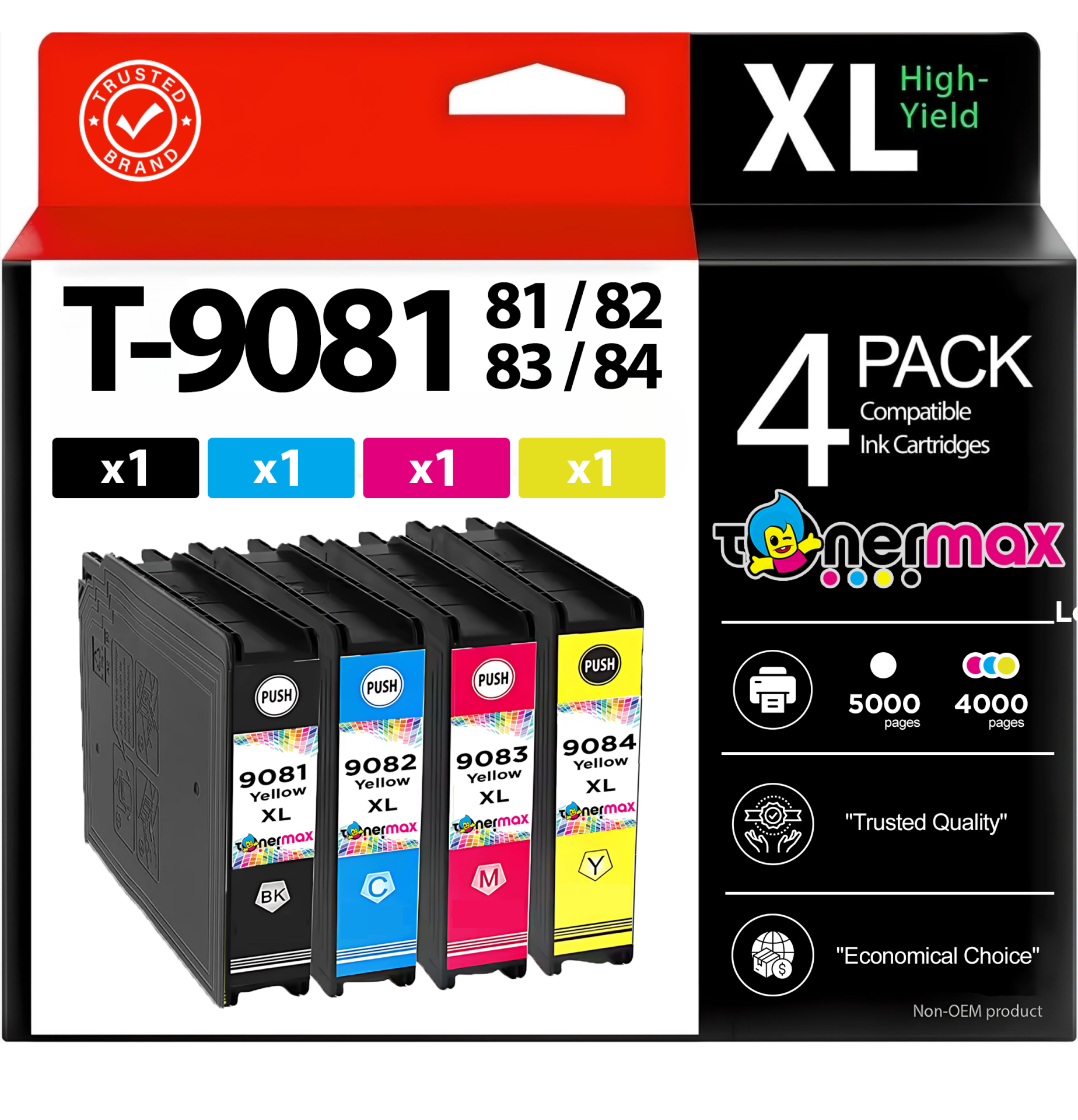 Epson T-9081 - T-9082 - T-9083 - T-9084 Siyah - Mavi - Sarı - Kırmızı Muadil Kartuş Seti - Yüksek Kapasiteli / Epson WorkForce Pro WF-6090DTWC/WF-6090D2TWC/WF-6590DWF/WF-6590DTWFC/WF-6590D2TWFC