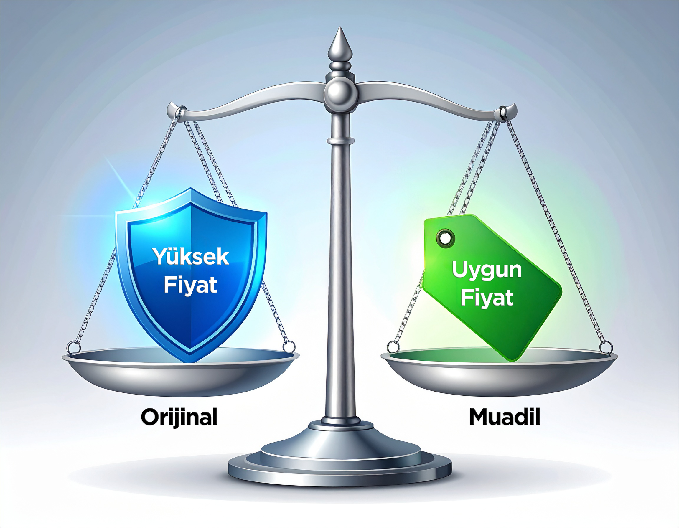 Terazi infografiği, orijinal tonerin yüksek fiyatı ile muadil tonerin uygun fiyatını karşılaştırıyor.
