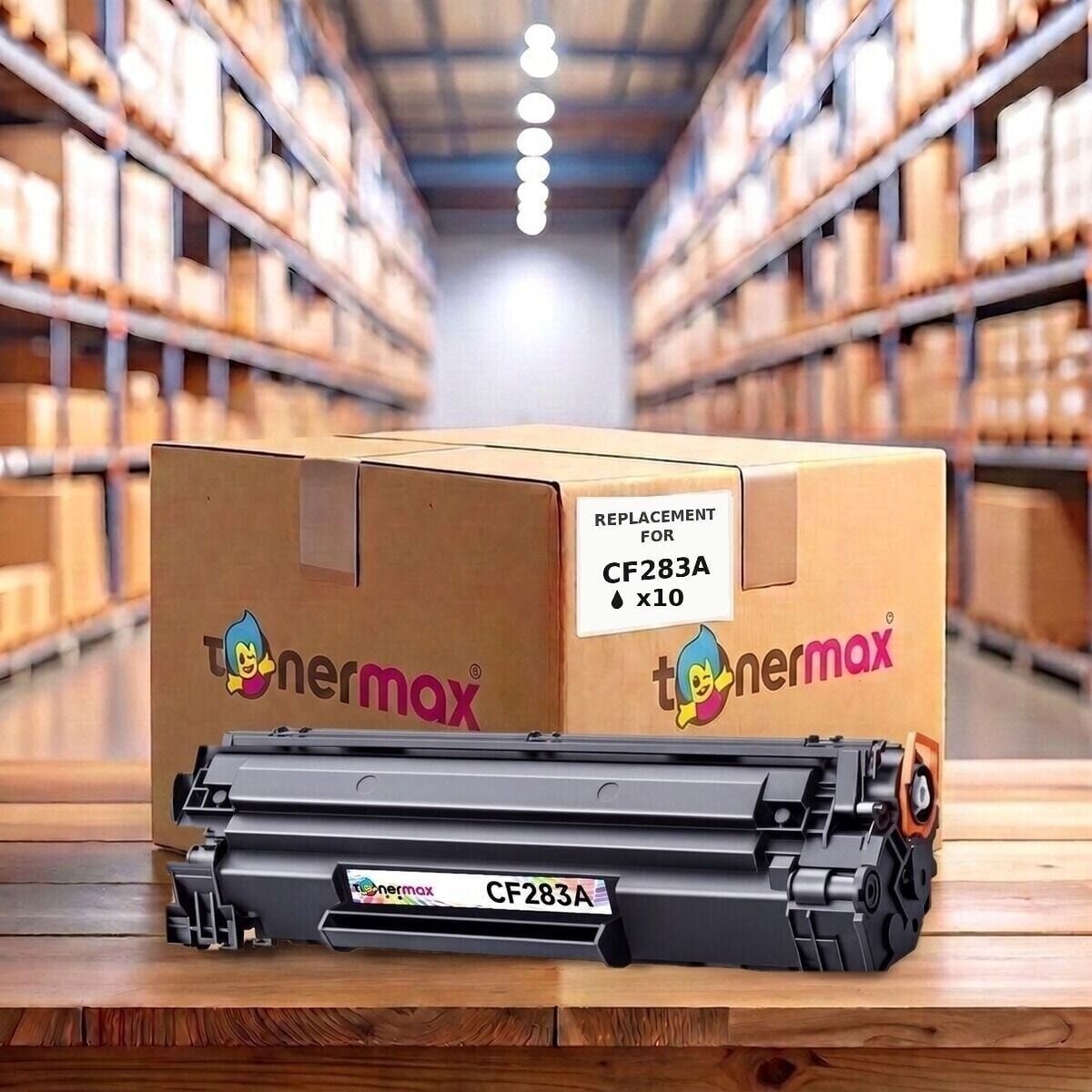 HP 83A CF283A muadil toner 10'lu paket — depo ortamında TonerMAX kolisi ve kartuş