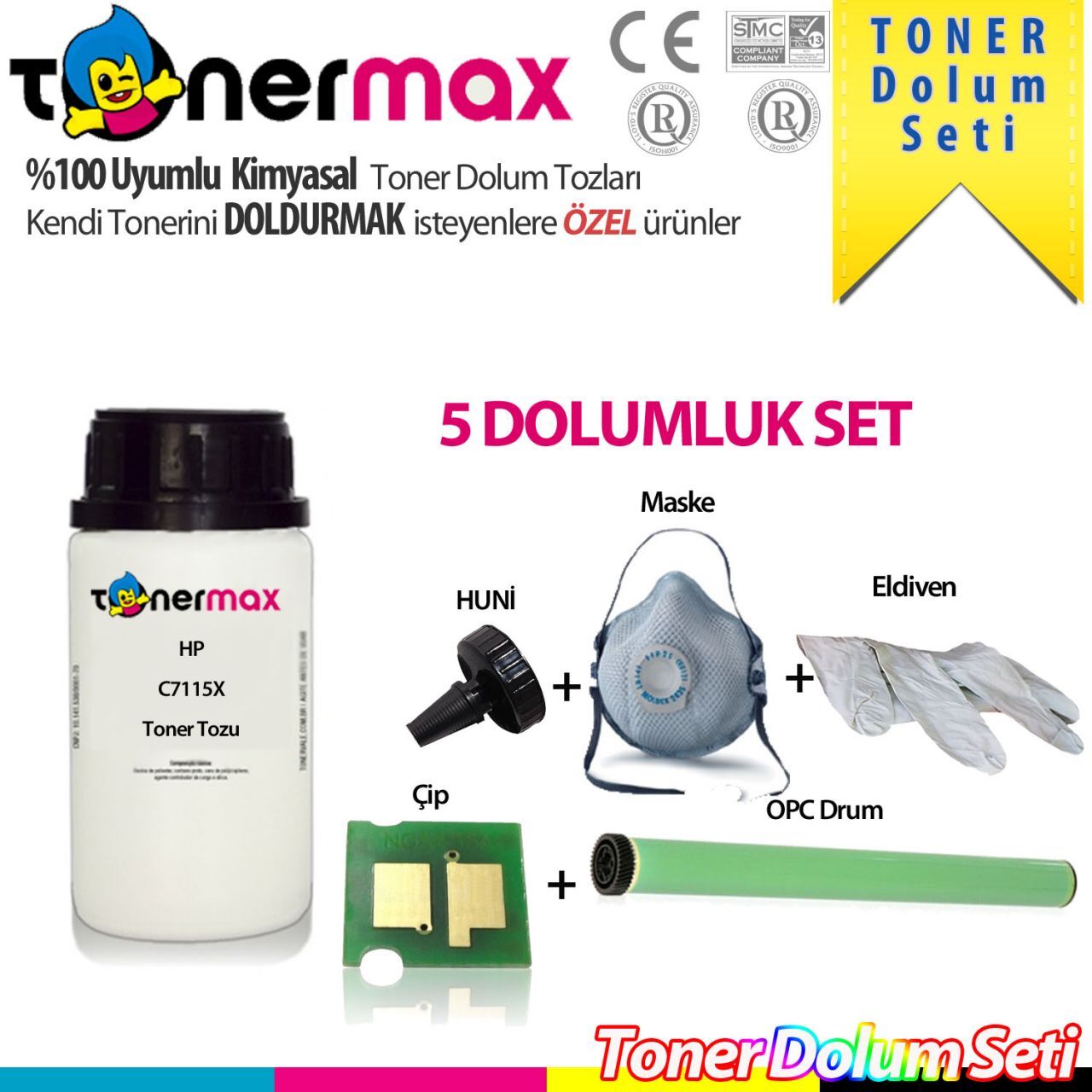 HP C7115X / 3310 / 3300 / 1220 / 3380 / 3320 / 3080 / 1200 / 1005 / 1000 Toner Dolum Seti ( 5 Dolumluk )