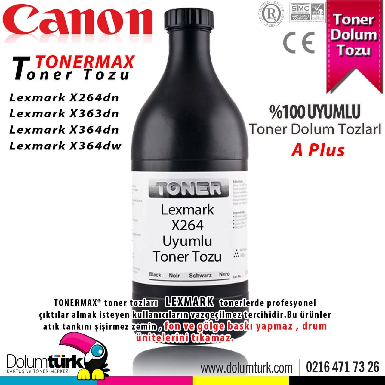 Lexmark X262 / X264dn / X264 DN / X363dn / X363 DN / X364dn / X364 DN / X364dw / X364 DW A Plus Toner Dolum Tozu Lexmark X264 A Plus Toner Tozu 100GR.