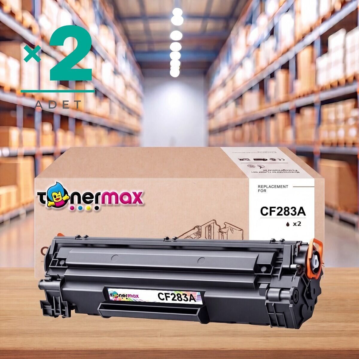HP 83A CF283A muadil toner 2'li paket — depo ortamında TonerMAX kutusu ve kartuş