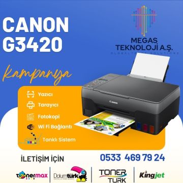 CANON Pixma Megatank G3420 Yazıcı/ Tarayıcı/ Fotokopi/ Renkli/ Wi-Fi Mürekkep Püskürtmeli Yazıcı