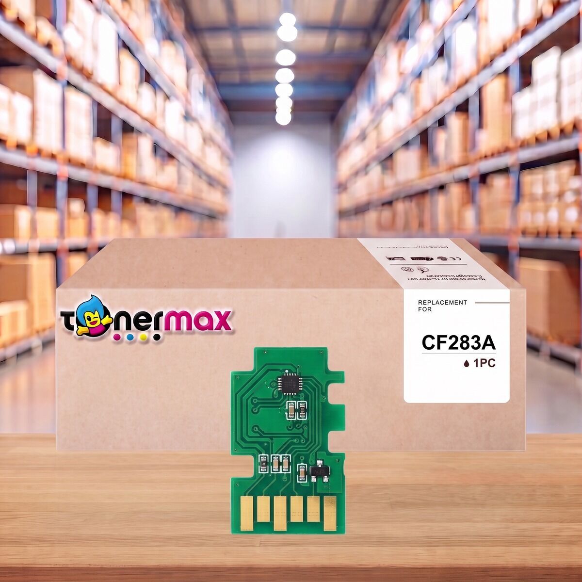 HP 83A CF283A toner çipi — depo ortamında TonerMAX kutusu ve çipin yakın görünümü