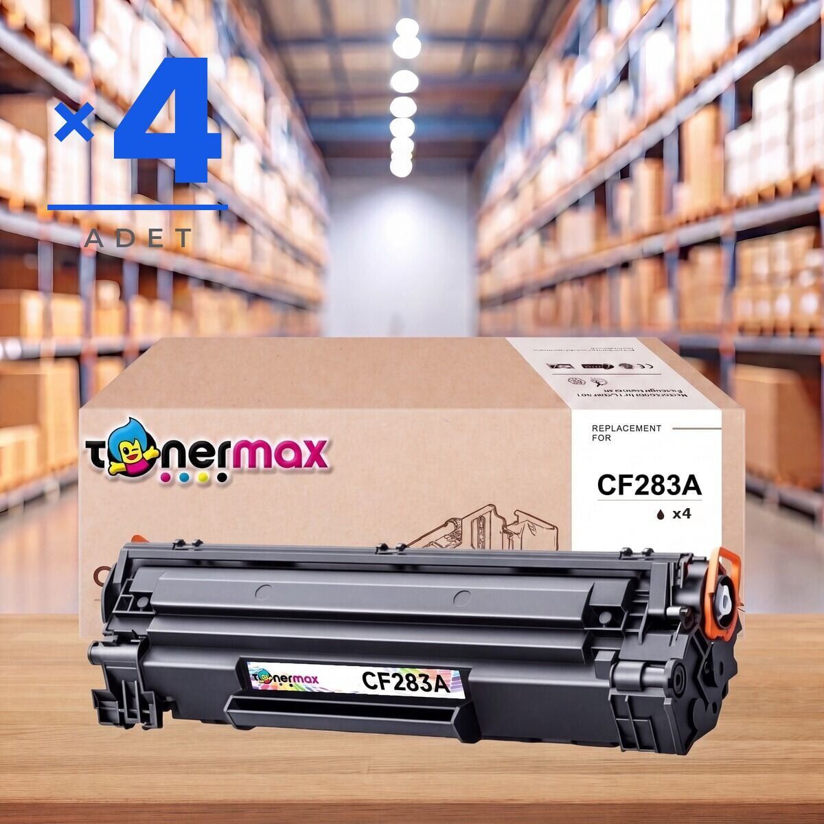 HP 83A CF283A muadil toner 4'lü paket — depo ortamında TonerMAX kutusu ve kartuş